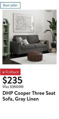 Walmart Dhp cooper three seat sofa, gray linen offer