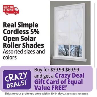 Ocean State Job Lot Real simple cordless 5% open solar roller shades offer