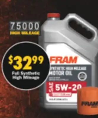 Advance Auto Parts 5 quarts of fram full synthetic high mileage motor oil + one fram force or carquest oil filter offer
