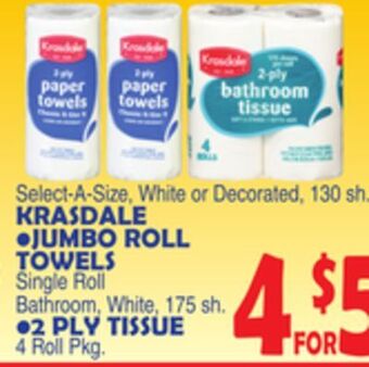 Bravo Supermarkets Krasdale jumbo roll towels single roll bathroom, white 175 sh., 2 ply tissue 4 roll pkg. offer