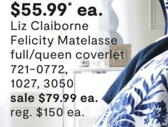 JC Penney Liz claiborne felicity matelasse full/queen coverlet offer