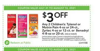 Publix Tylenol Or Motrin Pain, Zyrtec Or Benadryl offer