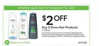 Publix Any 2 Dove Hair Products offer
