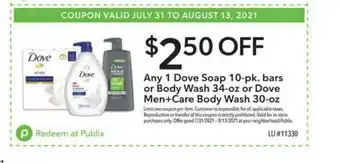 Publix Any 1 Dove Soap 10-pk. Bars Or Body Wash Or Dove Men+care Body Wash offer