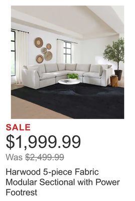 Costco Harwood 5-piece fabric modular sectional with power footrest offer