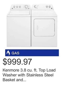 Costco Kenmore 3.8 cu. ft. top load washer with stainless steel basket and 7.0 cu. ft. gas dryer with wrinkle guard offer