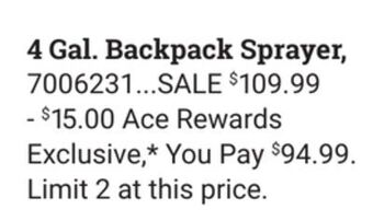 Ace Hardware 4 gal. backpack sprayer offer
