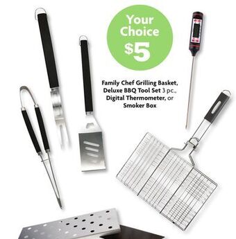 Family Dollar Family chef grilling basket, deluxe bbq tool set 3 pc., digital thermometer, or smoker box offer