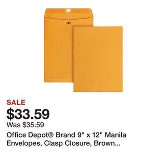 Office Depot Office depot® brand 9 x 12 manila envelopes, clasp closure, brown kraft, box of 100 offer