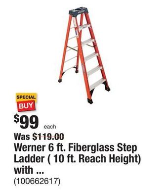 The Home Depot Werner 6 ft. fiberglass step ladder ( 10 ft. reach height) with 300 lb. load capacity type ia duty rating offer