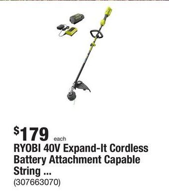 The Home Depot Ryobi 40v expand-it cordless battery attachment capable string trimmer with 4.0 ah battery and charger offer