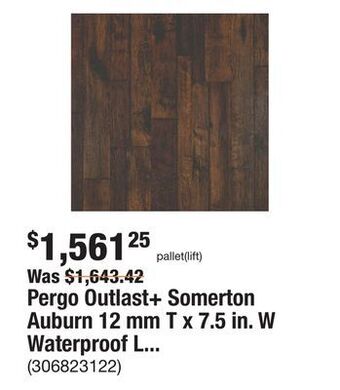 The Home Depot Pergo outlast+ somerton auburn 12 mm t x 7.5 in. w waterproof laminate wood flooring (549.6 sqft/pallet) offer