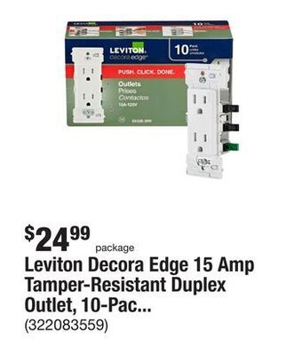 The Home Depot Leviton decora edge 15 amp tamper-resistant duplex outlet, 10-pack, white offer