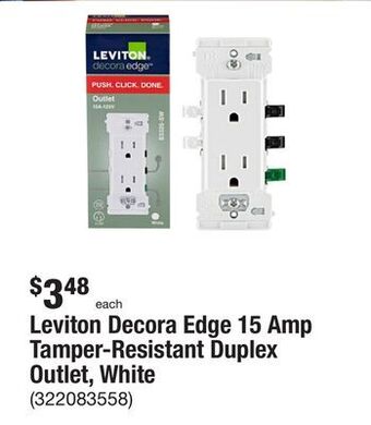 The Home Depot Leviton decora edge 15 amp tamper-resistant duplex outlet, white offer