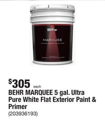 The Home Depot Behr marquee 5 gal. ultra pure white flat exterior paint & primer offer