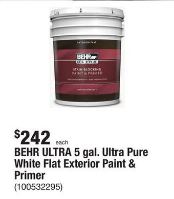 The Home Depot Behr ultra 5 gal. ultra pure white flat exterior paint & primer offer