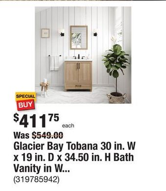 The Home Depot Glacier bay tobana 30 in. w x 19 in. d x 34.50 in. h bath vanity in weathered tan with white cultured marble top offer