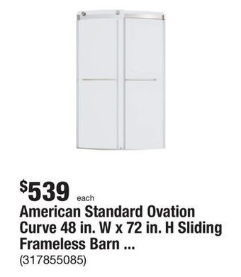 The Home Depot American standard ovation curve 48 in. w x 72 in. h sliding frameless barn shower door in brushed nickel offer