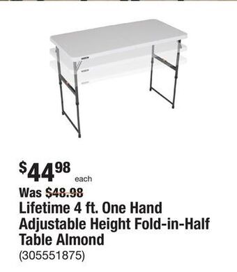 The Home Depot Lifetime 4 ft. one hand adjustable height fold-in-half table almond offer