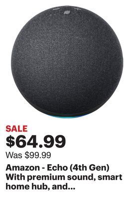 Best Buy Amazon - echo (4th gen) with premium sound, smart home hub, and alexa - charcoal offer