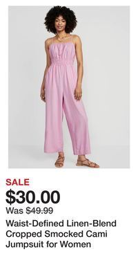 Old Navy Waist-defined linen-blend cropped smocked cami jumpsuit for women offer