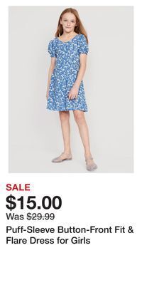 Old Navy Puff-sleeve button-front fit & flare dress for girls offer