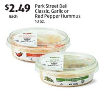 Aldi Park street deli classic, garlic or red pepper hummus offer