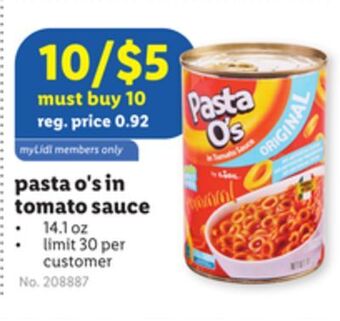 Lidl Pasta o's in tomato sauce offer