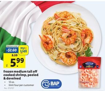 Lidl Frozen medium tail off cooked shrimp, peeled & deveined offer