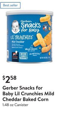 Walmart Gerber snacks for baby lil crunchies mild cheddar baked corn offer