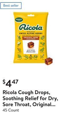 Walmart Ricola cough drops, soothing relief for dry, sore throat, original herb offer