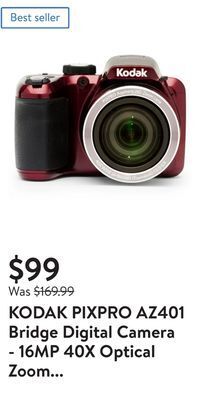 Walmart Kodak pixpro az401 bridge digital camera - 16mp 40x optical zoom hd720p video (red) offer