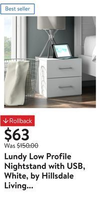 Walmart Lundy low profile nightstand with usb, white, by hillsdale living essentials offer