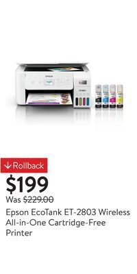 Walmart Epson ecotank et-2803 wireless all-in-one cartridge-free printer offer