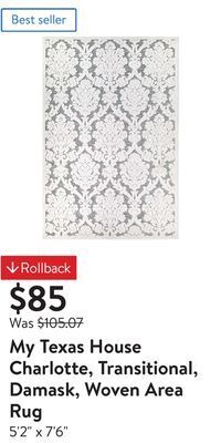 Walmart My texas house charlotte, transitional, damask, woven area rug offer