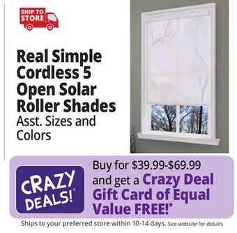 Ocean State Job Lot Real simple cordless 5% open solar roller shades offer