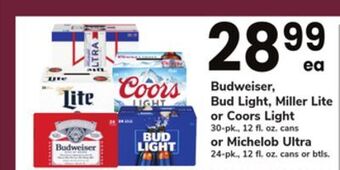 ACME Budweiser, bud light, miller lite or coors light 30-pk., 12 fl. oz. cans or michelob ultra 24-pk., 12 fl. oz. cans or btls. offer