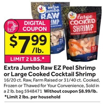 Stop&Shop Extra jumbo raw ez peel shrimp or large cooked cocktail shrimp offer