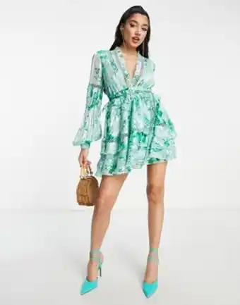 ASOS Asos design lace insert mini dress with belt in satin stripe floral print offer