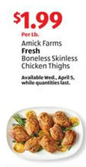 Aldi Amick Farms Fresh Boneless Skinless Chicken Thighs offer