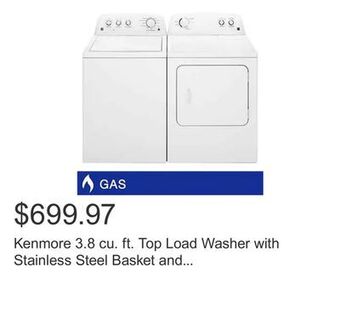 Costco Kenmore 3.8 cu. ft. top load washer with stainless steel basket and 7.0 cu. ft. gas dryer with wrinkle guard offer