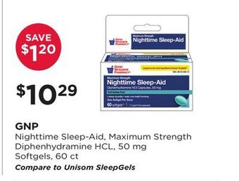 Good Neighbor Pharmacy Gnp nighttime sleep-aid, maximum strength diphenhydramine hcl, 50 mg softgels offer