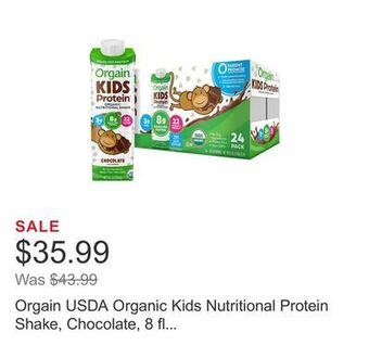 Costco Orgain usda organic kids nutritional protein shake, chocolate, 8 fl oz, 24-count offer