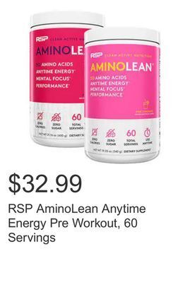 Costco Rsp aminolean anytime energy pre workout, 60 servings offer
