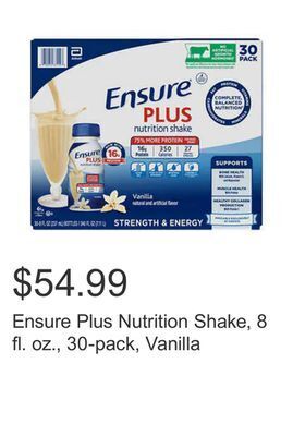 Costco Ensure plus nutrition shake, 8 fl. oz., 30-pack, vanilla offer