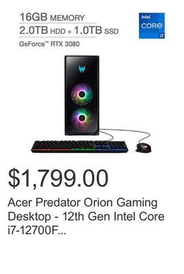Costco Acer predator orion gaming desktop - 12th gen intel core i7-12700f - geforce rtx 3080 - windows 11 offer