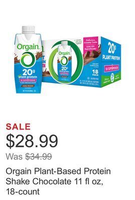 Costco Orgain plant-based protein shake chocolate 11 fl oz, 18-count offer