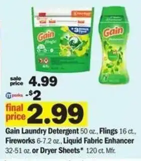 Meijer Gain Laundry Detergent 50 oz, Flings 16 ct, Fireworks 6-7.2 oz, Liquid Fabric Enhancer 32-51 oz, Dryer Sheets offer