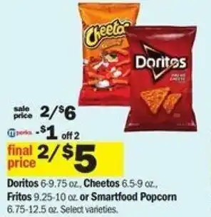 Meijer Doritos 6-9.75, Cheetos 6.5-9 oz, Fritos 9.25-10 oz, Smartfood Popcorn 6.75-12.5 oz offer