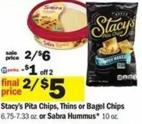 Meijer Stacy's Pita Chips, Thins Or Bagel Chips Or Sabra Hummus 10 o offer